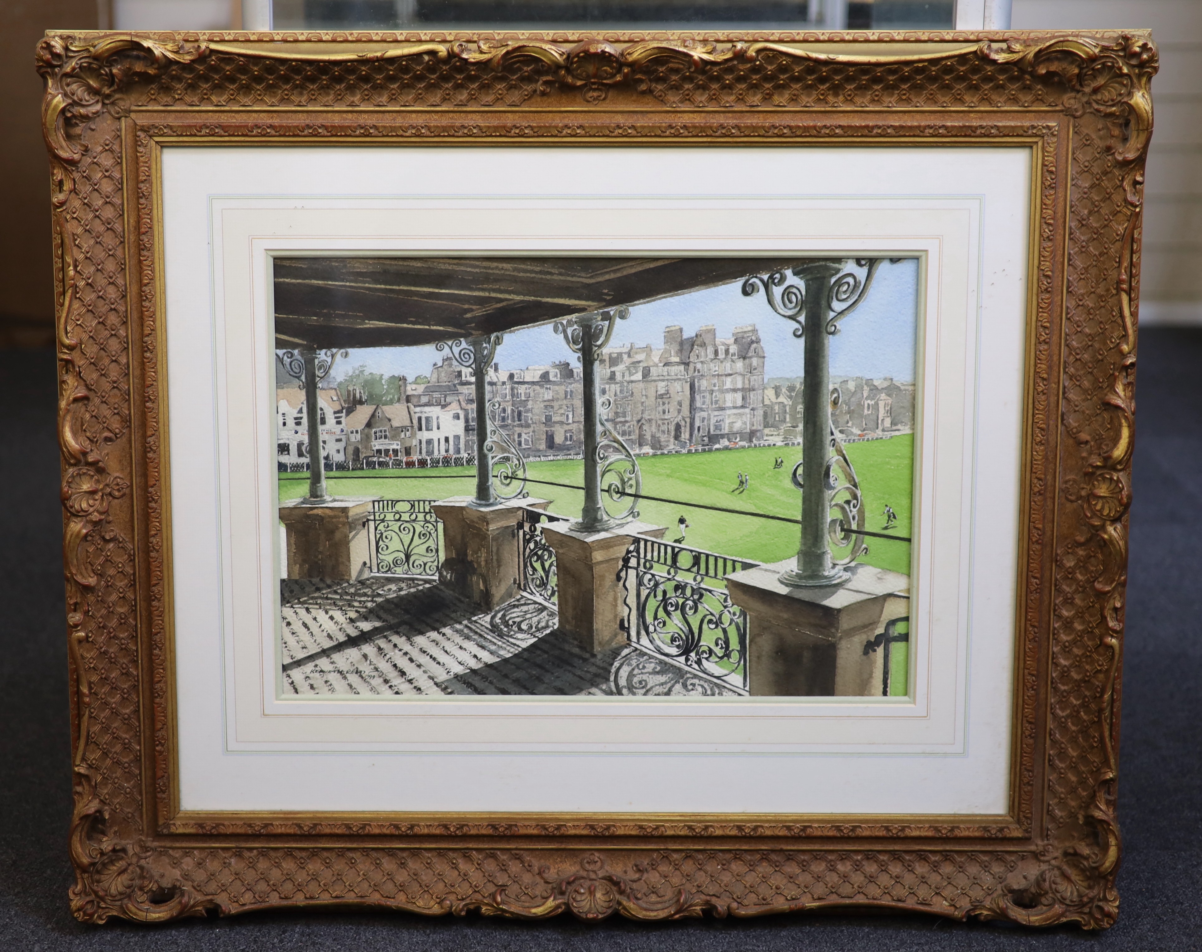 Kenneth Reed (Contemporary British), 'The Balcony, R & A Clubhouse, St Andrews', ink and watercolour